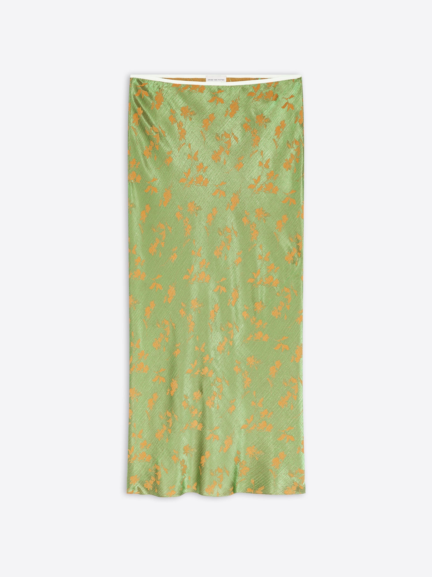 A light green satin skirt with an orange floral pattern, shown flat against a light gray background.