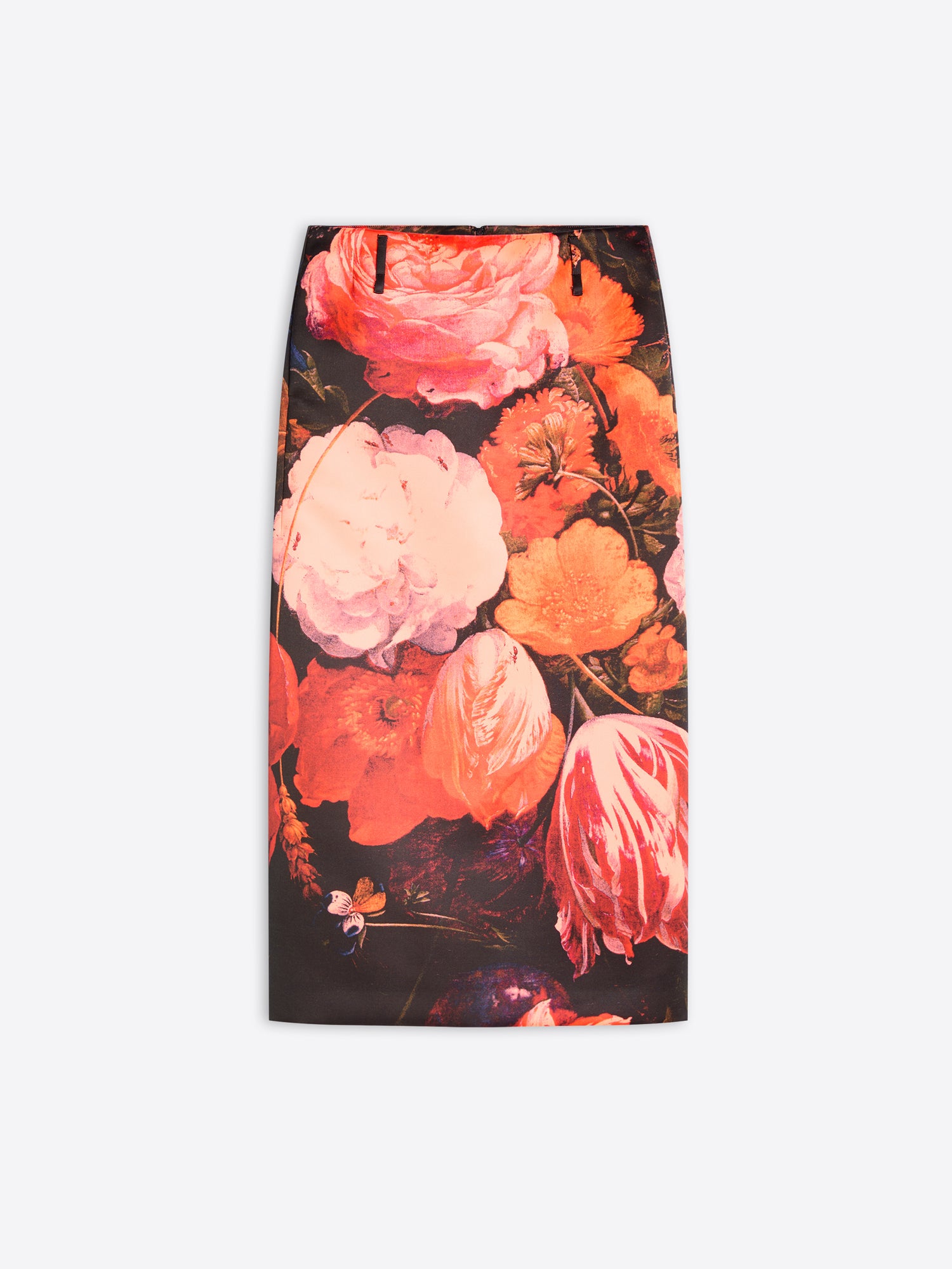 A pencil skirt featuring a vibrant, painterly floral print with large pink, orange, and peach flowers on a dark background, shown flat against a light gray backdrop.