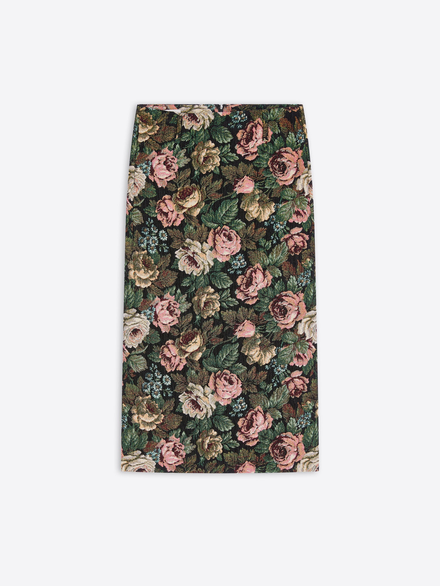 A dark green floral skirt with an all-over rose and leaf pattern, shown flat against a light gray background.