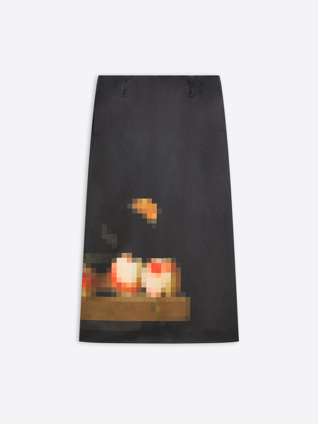A black skirt featuring a pixelated graphic print on a light gray background.
