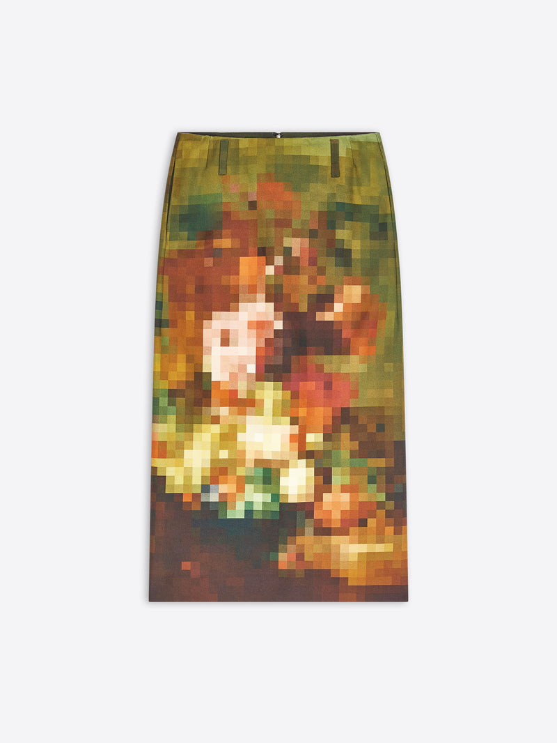 A high-waisted pencil skirt featuring an all-over abstract painterly print in earthy tones of green, brown, orange, and cream, shown flat against a light gray background.