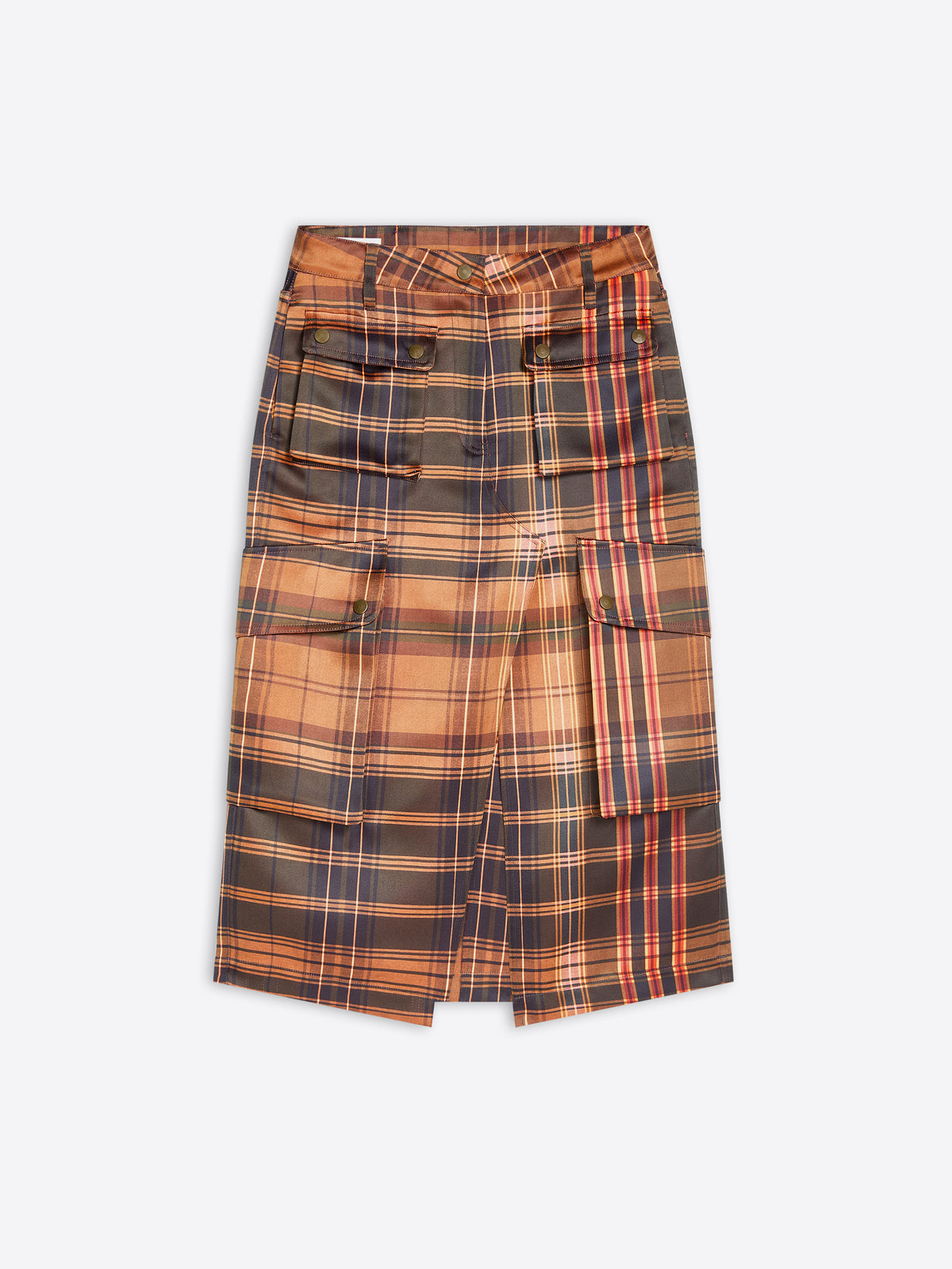 A plaid wrap skirt in orange, brown, and black on a light gray background. 