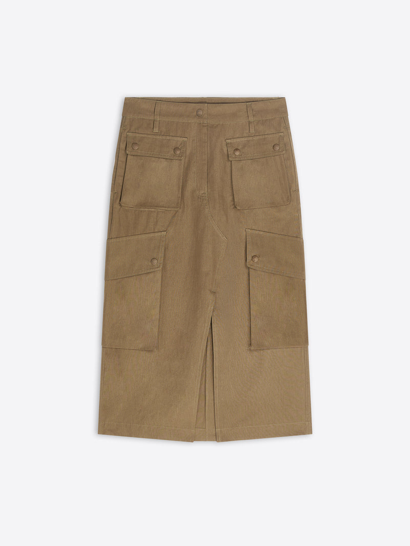 A tan cargo-style midi skirt with a front slit and four large flap pockets, shown flat against a light gray background.