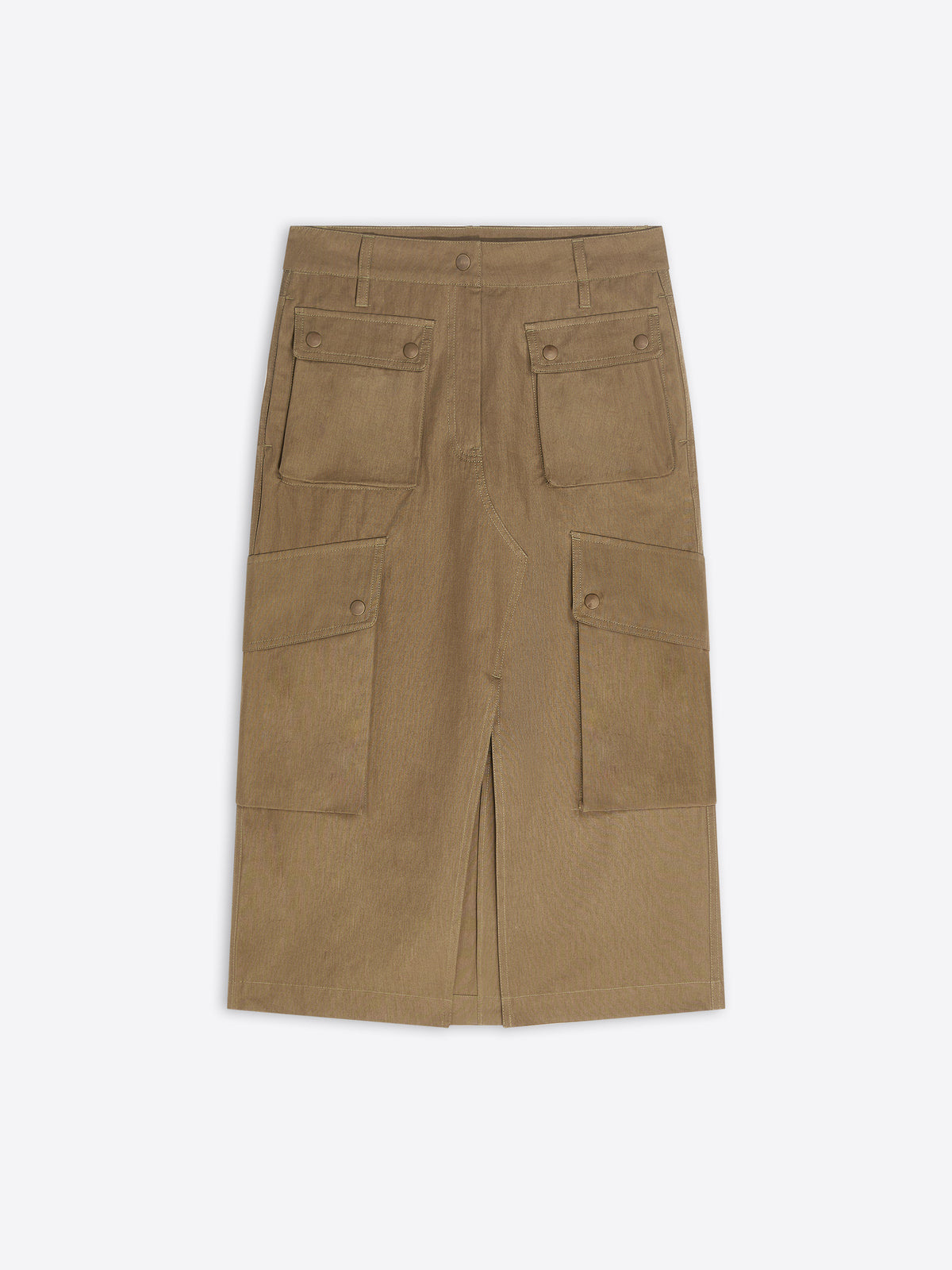 A tan cargo-style midi skirt with a front slit and four large flap pockets, shown flat against a light gray background.