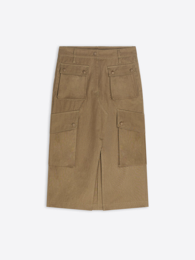 A tan cargo-style midi skirt with a front slit and four large flap pockets, shown flat against a light gray background.