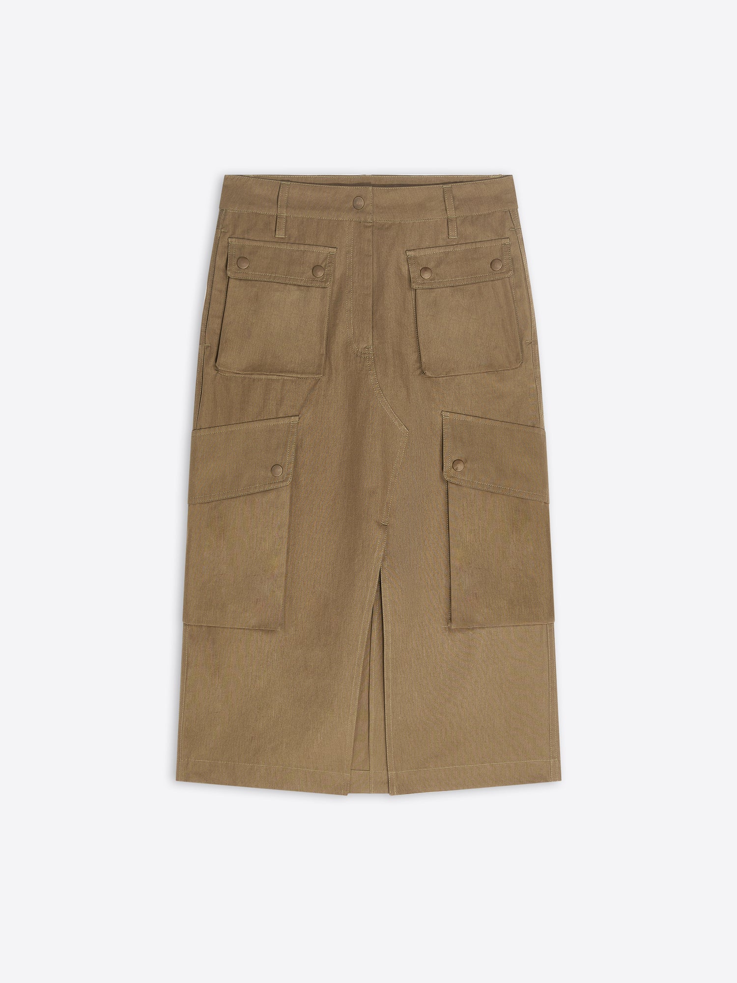 A tan cargo-style midi skirt with a front slit and four large flap pockets, shown flat against a light gray background.