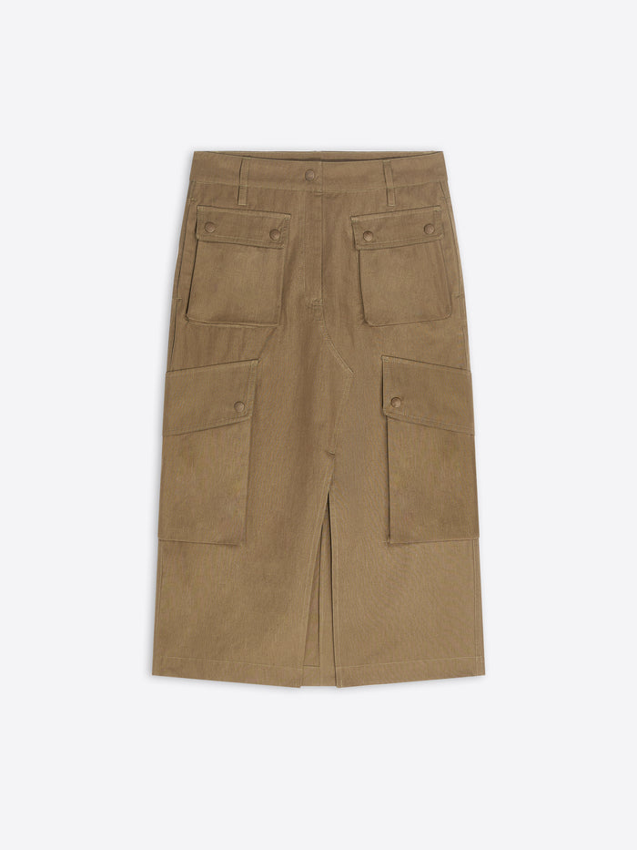 A tan cargo-style midi skirt with a front slit and four large flap pockets, shown flat against a light gray background.