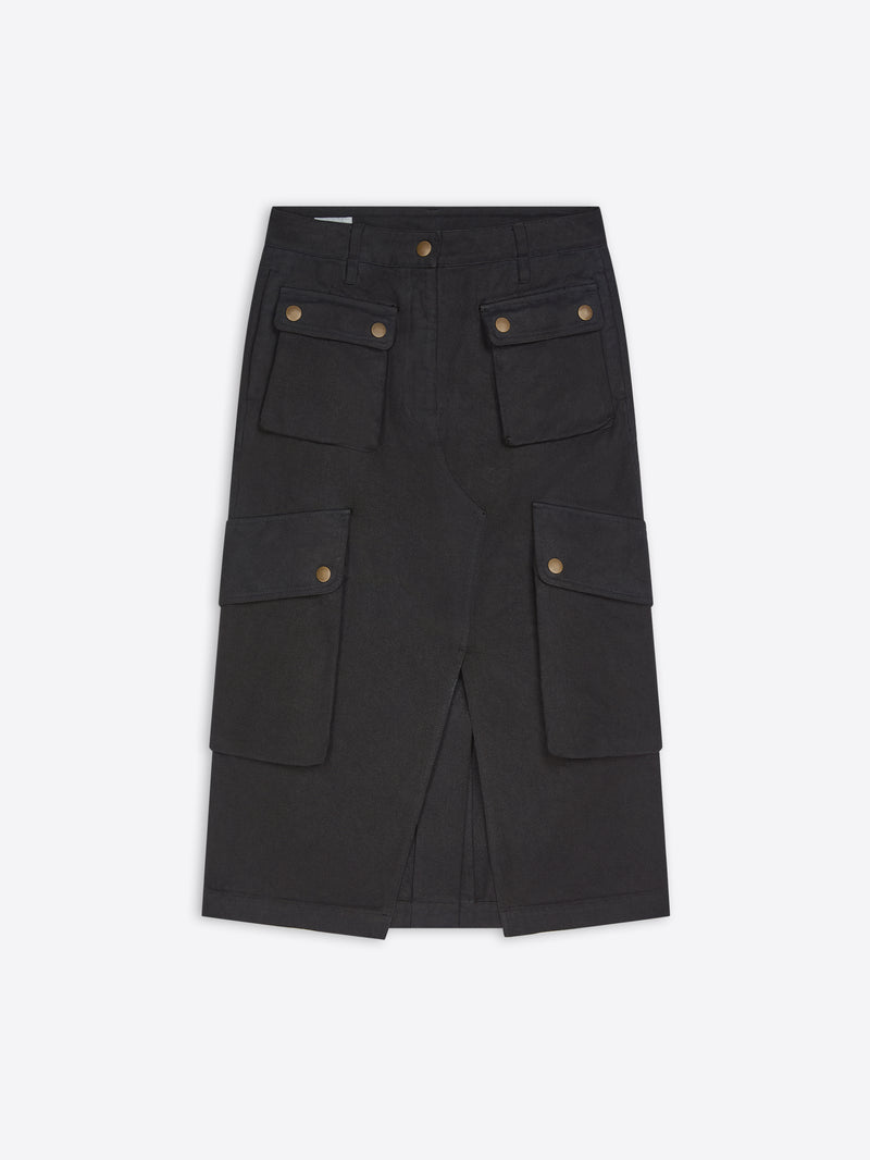 A black cargo-style skirt with multiple flap pockets and brass-tone button details, shown flat against a light gray background.