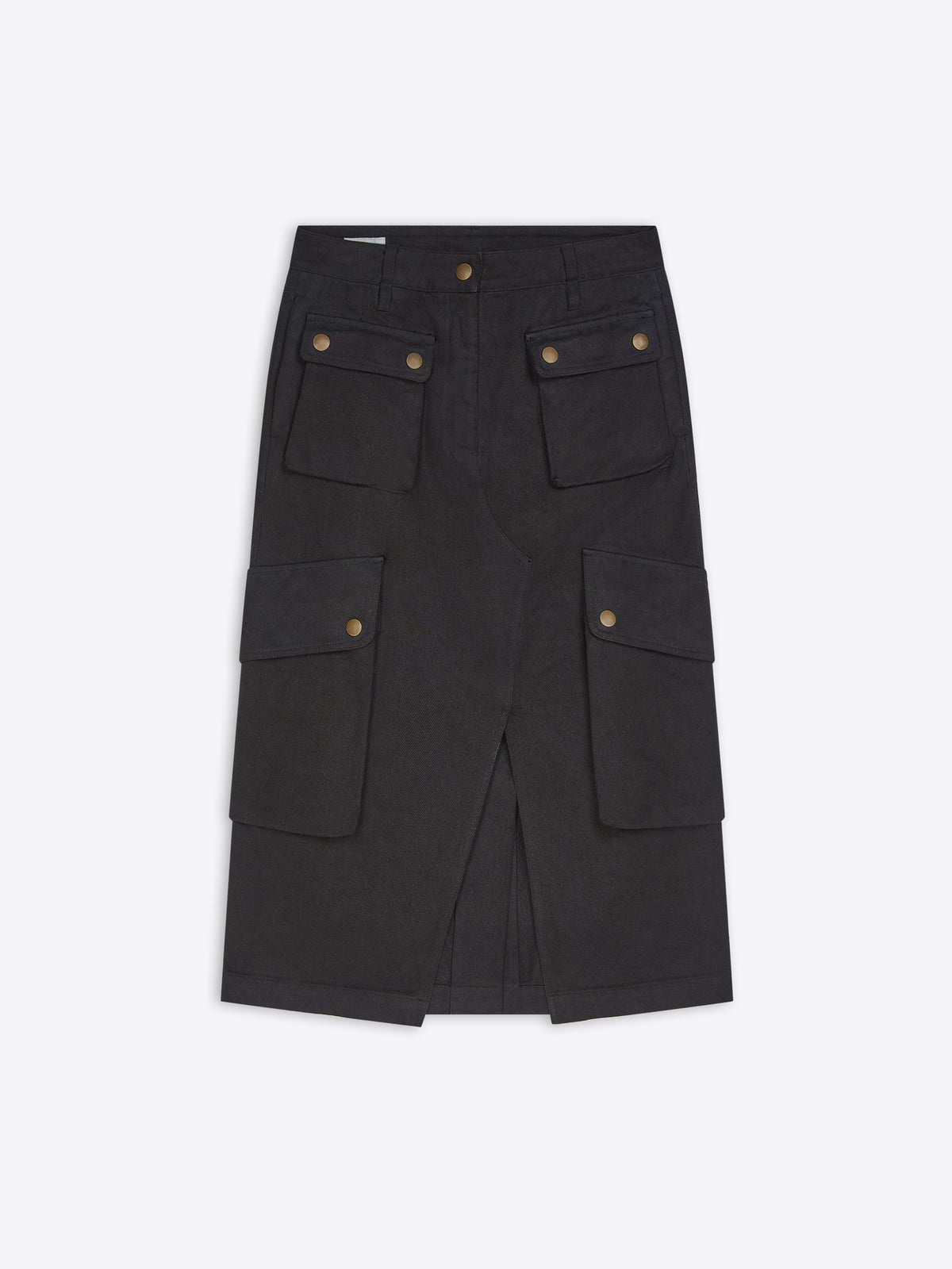 A black cargo-style skirt with multiple flap pockets and brass-tone button details, shown flat against a light gray background.