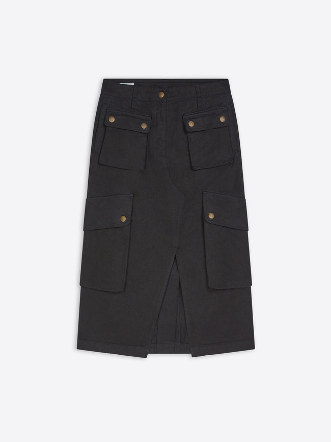 A black cargo-style skirt with multiple flap pockets and brass-tone button details, shown flat against a light gray background.