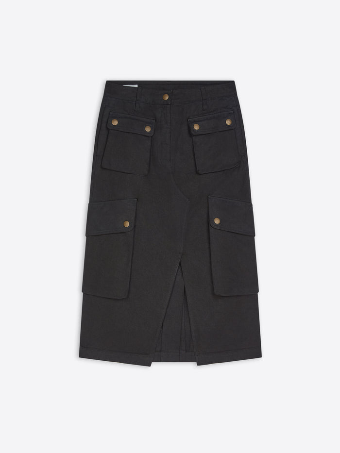A black cargo-style skirt with multiple flap pockets and brass-tone button details, shown flat against a light gray background.