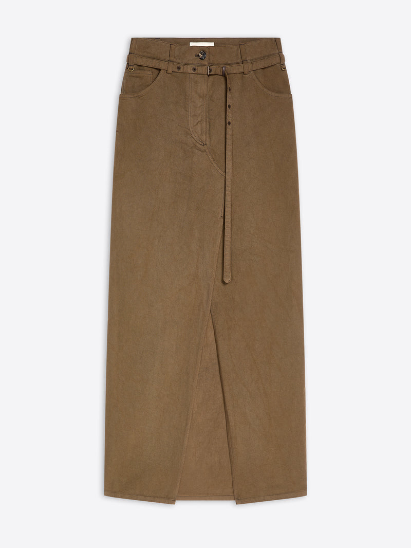 A brown wide-leg skirt with a matching belt and button details, displayed flat against a light gray background.