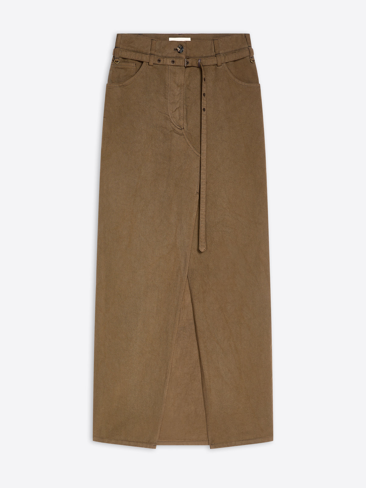 A brown wide-leg skirt with a matching belt and button details, displayed flat against a light gray background.