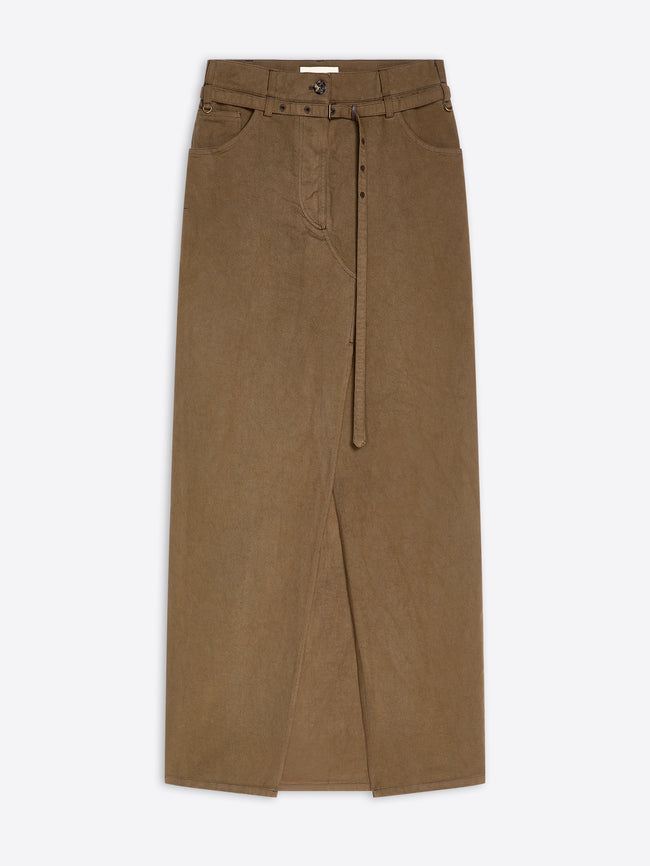 A brown wide-leg skirt with a matching belt and button details, displayed flat against a light gray background.