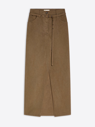 A brown wide-leg skirt with a matching belt and button details, displayed flat against a light gray background.
