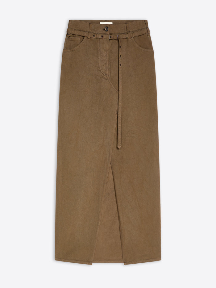 A brown wide-leg skirt with a matching belt and button details, displayed flat against a light gray background.