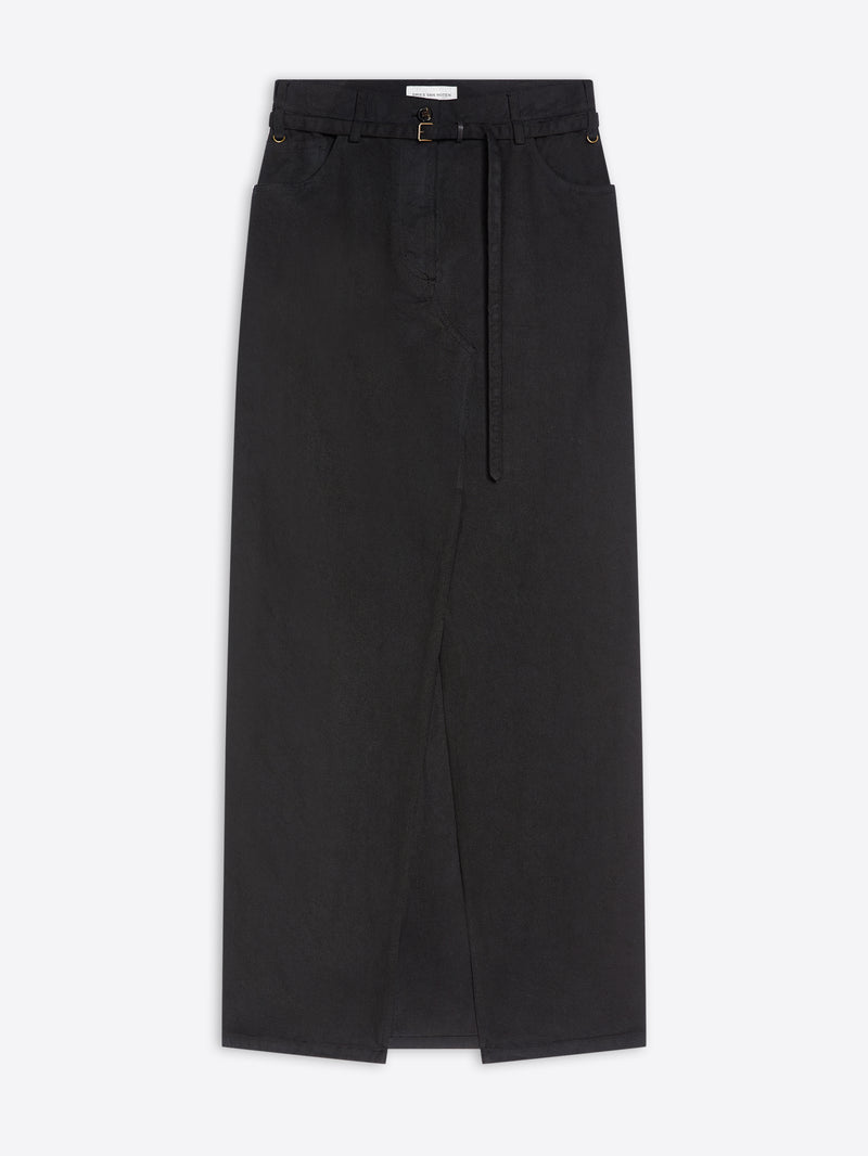 A black wide-leg midi skirt with a matching black belt and a central front slit, shown flat against a light gray background.