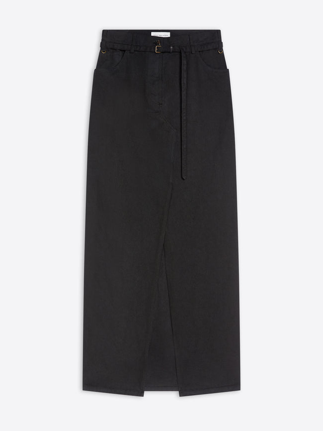 A black wide-leg midi skirt with a matching black belt and a central front slit, shown flat against a light gray background.