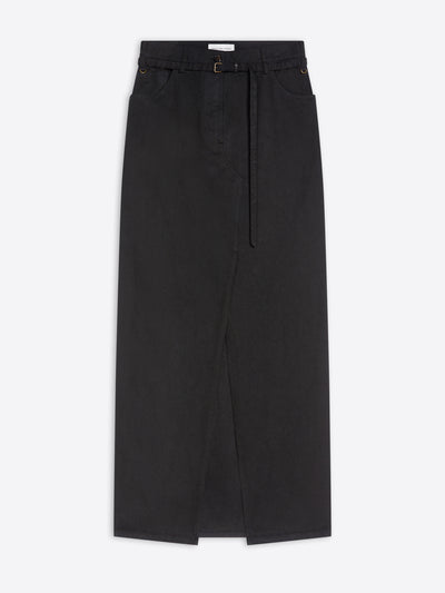 A black wide-leg midi skirt with a matching black belt and a central front slit, shown flat against a light gray background.