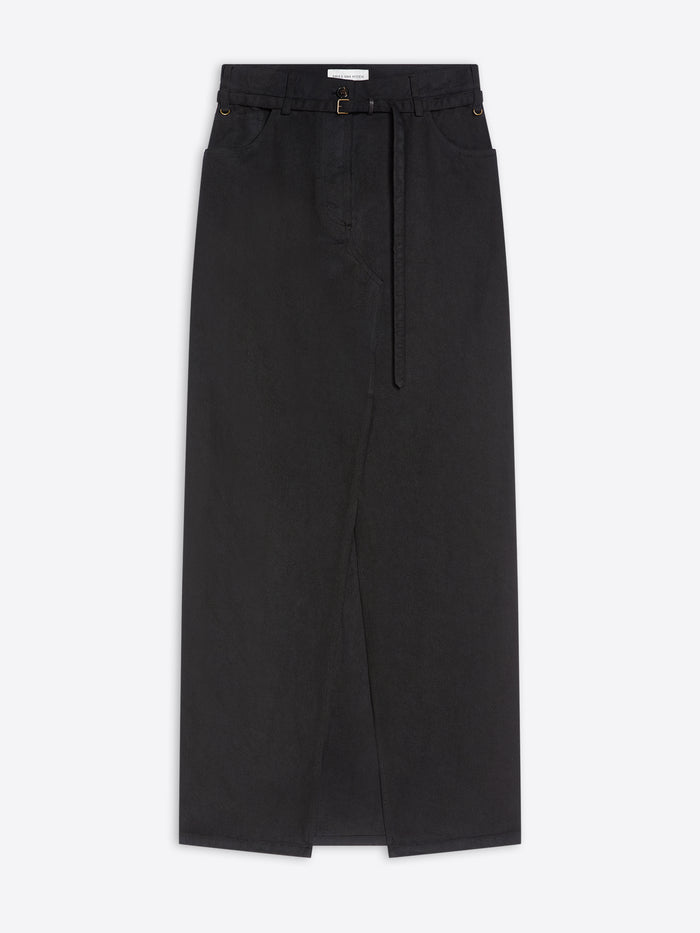 A black wide-leg midi skirt with a matching black belt and a central front slit, shown flat against a light gray background.