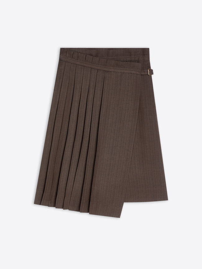 A dark brown pleated midi skirt on a light gray background.
