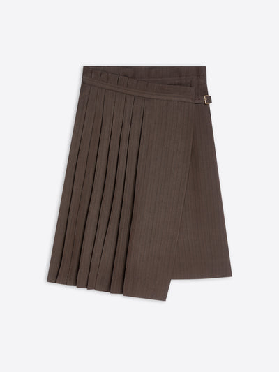 A dark brown pleated midi skirt on a light gray background.
