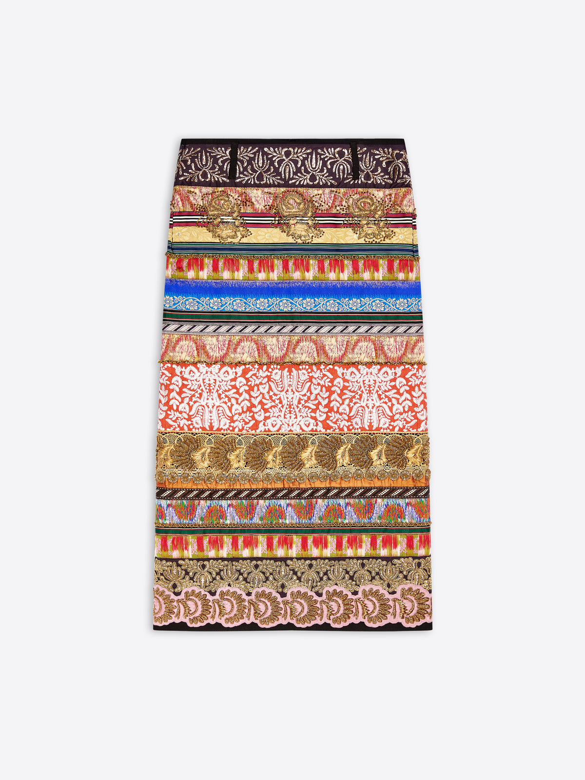 A long skirt with an intricate horizontal striped pattern featuring various motifs displayed flat against a light gray background.