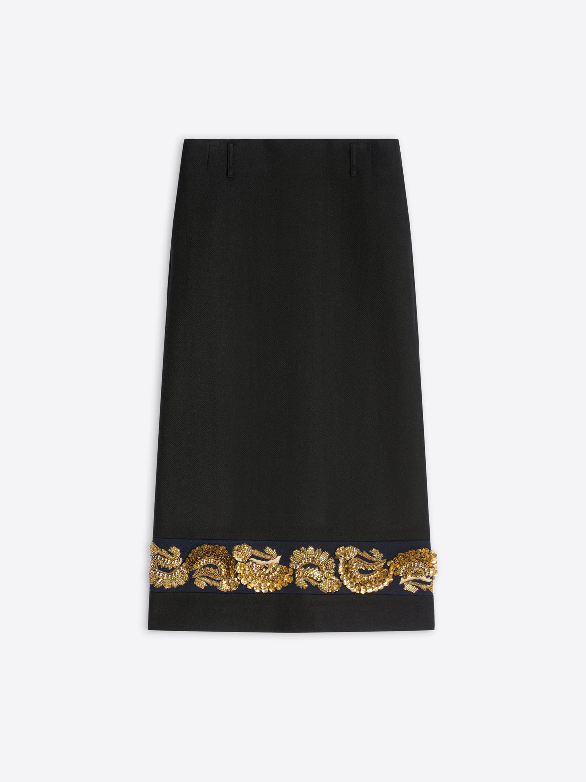 A long black skirt featuring ornate gold embroidery near the hem on a light gray background.