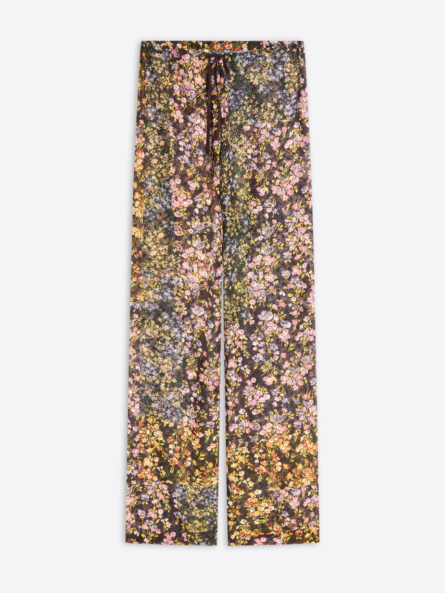 Wide-leg trousers featuring an all-over dense floral print on a light gray background.