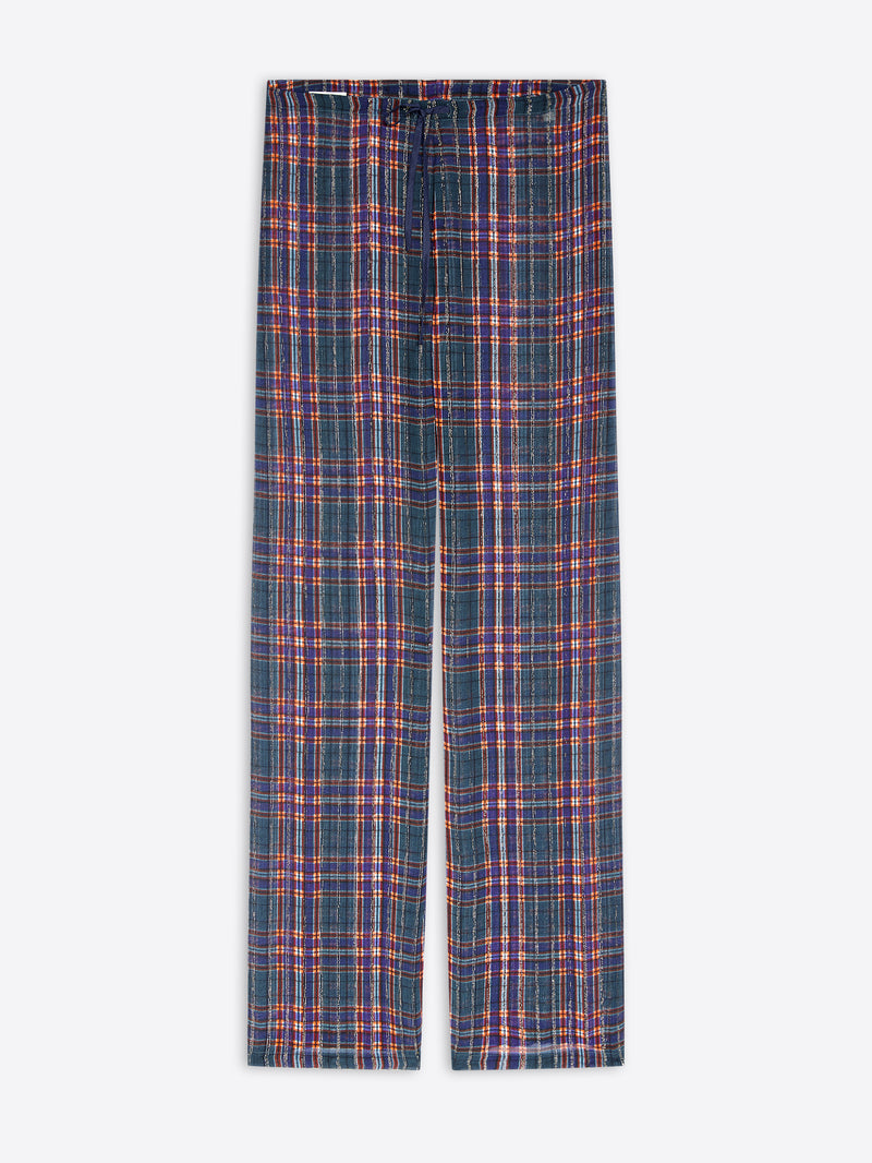 A pair of wide-leg plaid trousers in a navy blue, shown flat against a light gray background.