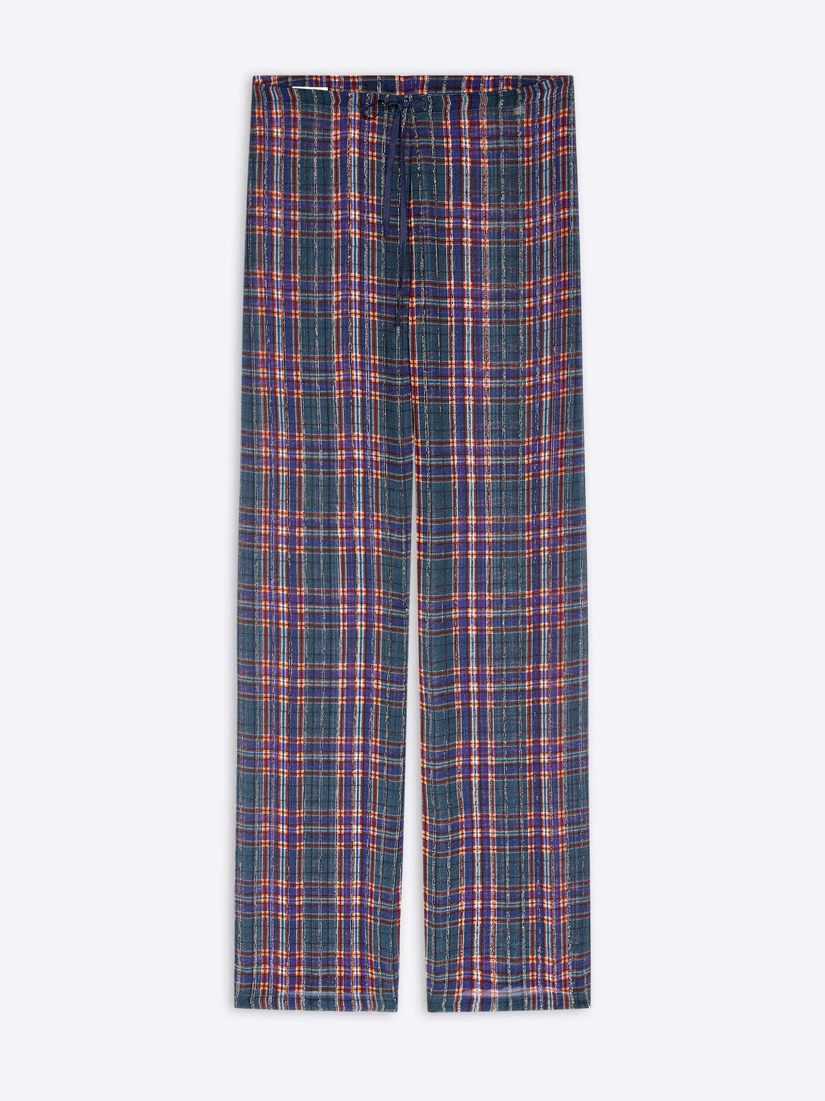 A pair of wide-leg plaid trousers in a navy blue, shown flat against a light gray background.