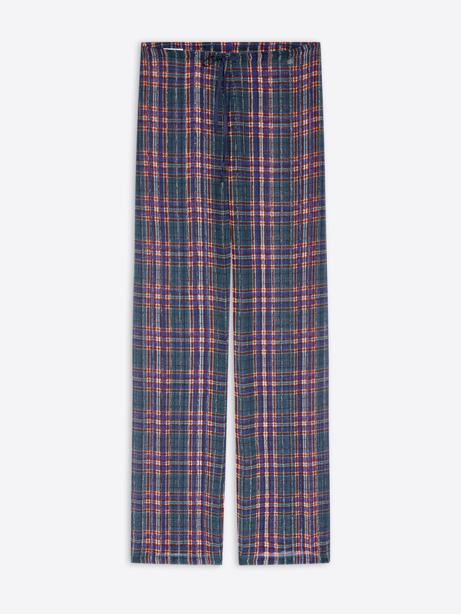 A pair of wide-leg plaid trousers in a navy blue, shown flat against a light gray background.
