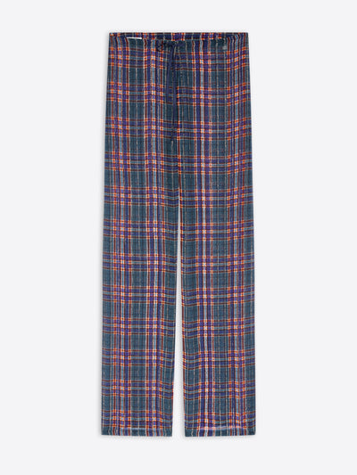 A pair of wide-leg plaid trousers in a navy blue, shown flat against a light gray background.