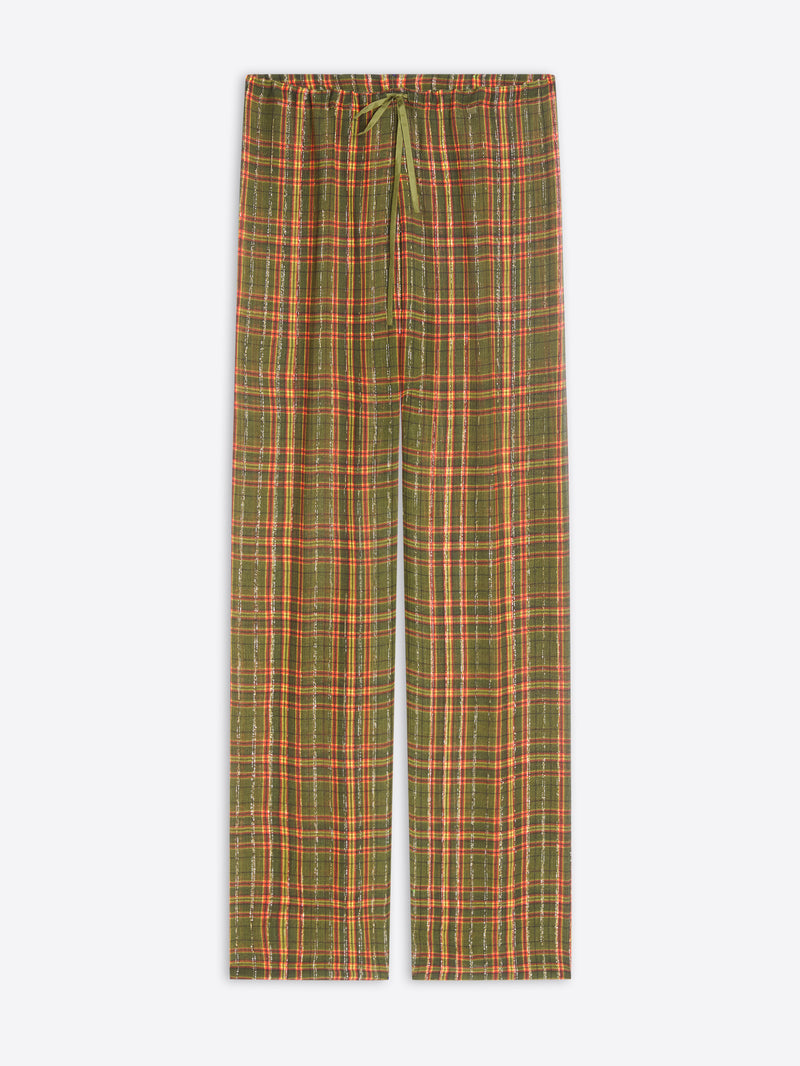 A pair of relaxed-fit plaid pants in green, orange and beige, featuring an elastic waistband with a matching drawstring, shown flat against a light gray background.