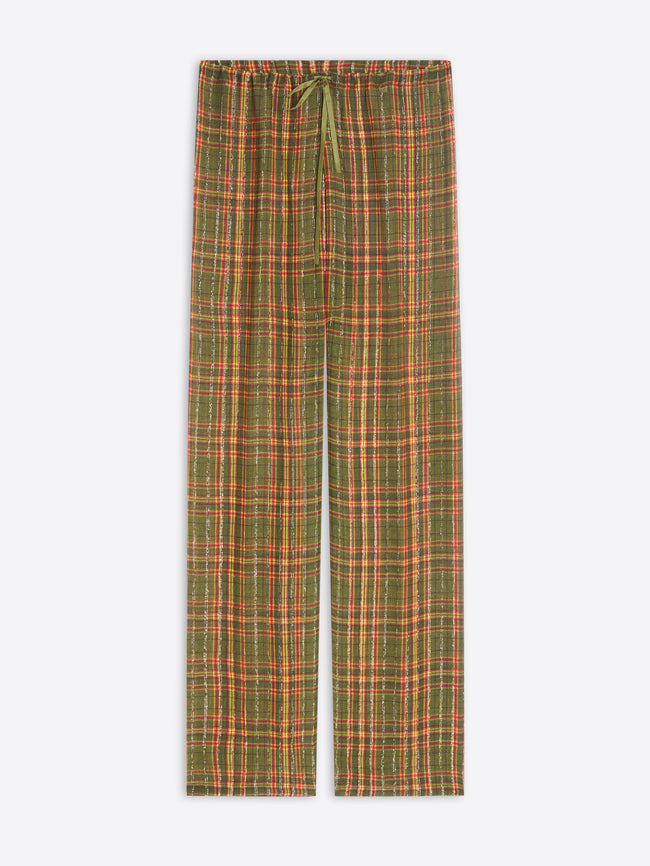 A pair of relaxed-fit plaid pants in green, orange and beige, featuring an elastic waistband with a matching drawstring, shown flat against a light gray background.