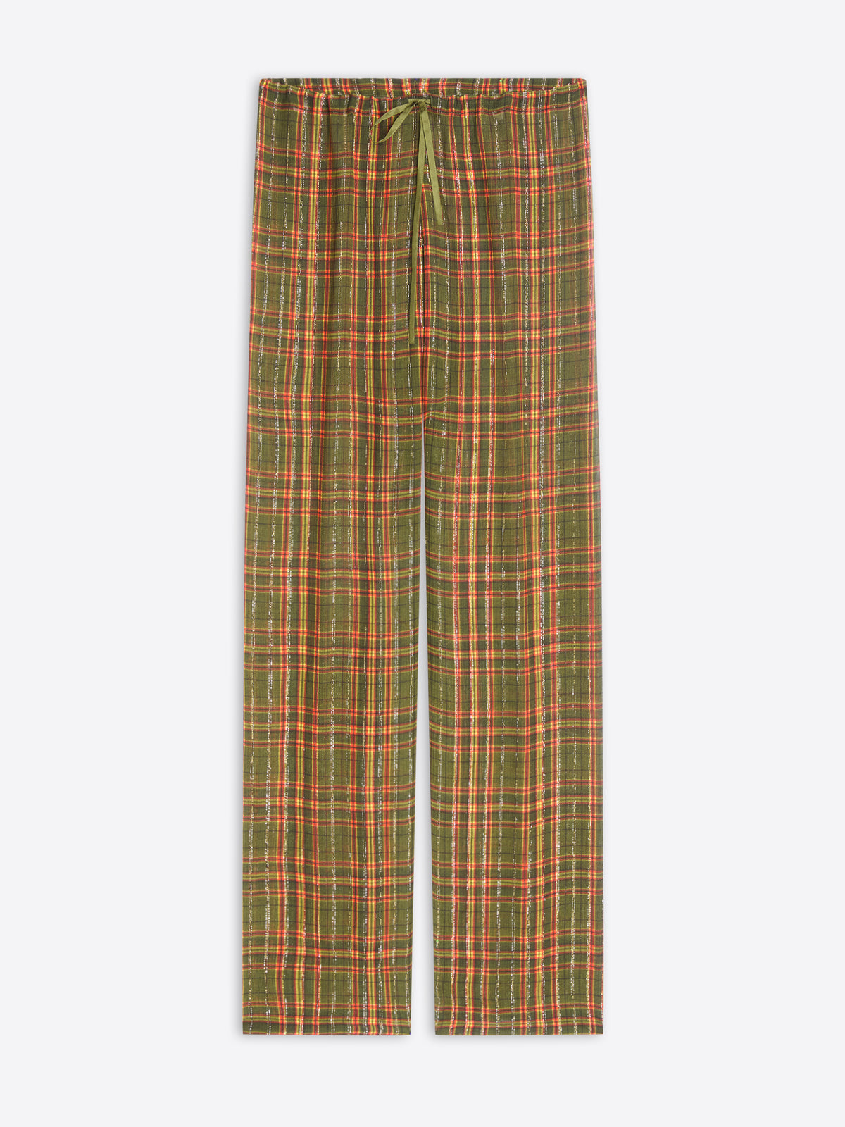 A pair of relaxed-fit plaid pants in green, orange and beige, featuring an elastic waistband with a matching drawstring, shown flat against a light gray background.