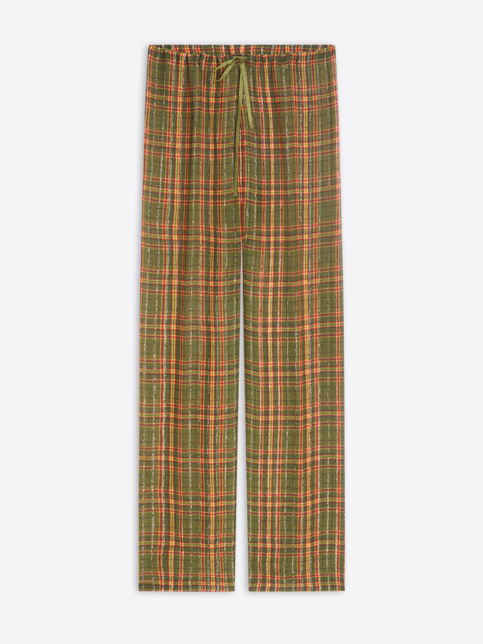 A pair of relaxed-fit plaid pants in green, orange and beige, featuring an elastic waistband with a matching drawstring, shown flat against a light gray background.