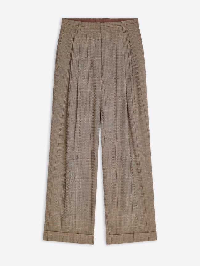 A pair of high-waisted, wide-leg trousers in a brown and beige check pattern, shown flat against a light gray background.