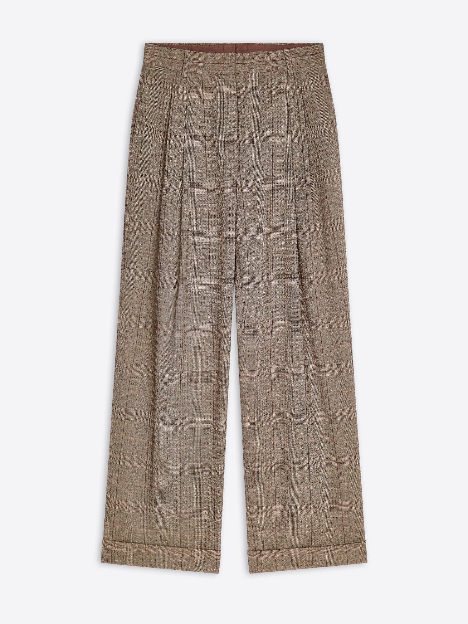 A pair of high-waisted, wide-leg trousers in a brown and beige check pattern, shown flat against a light gray background.