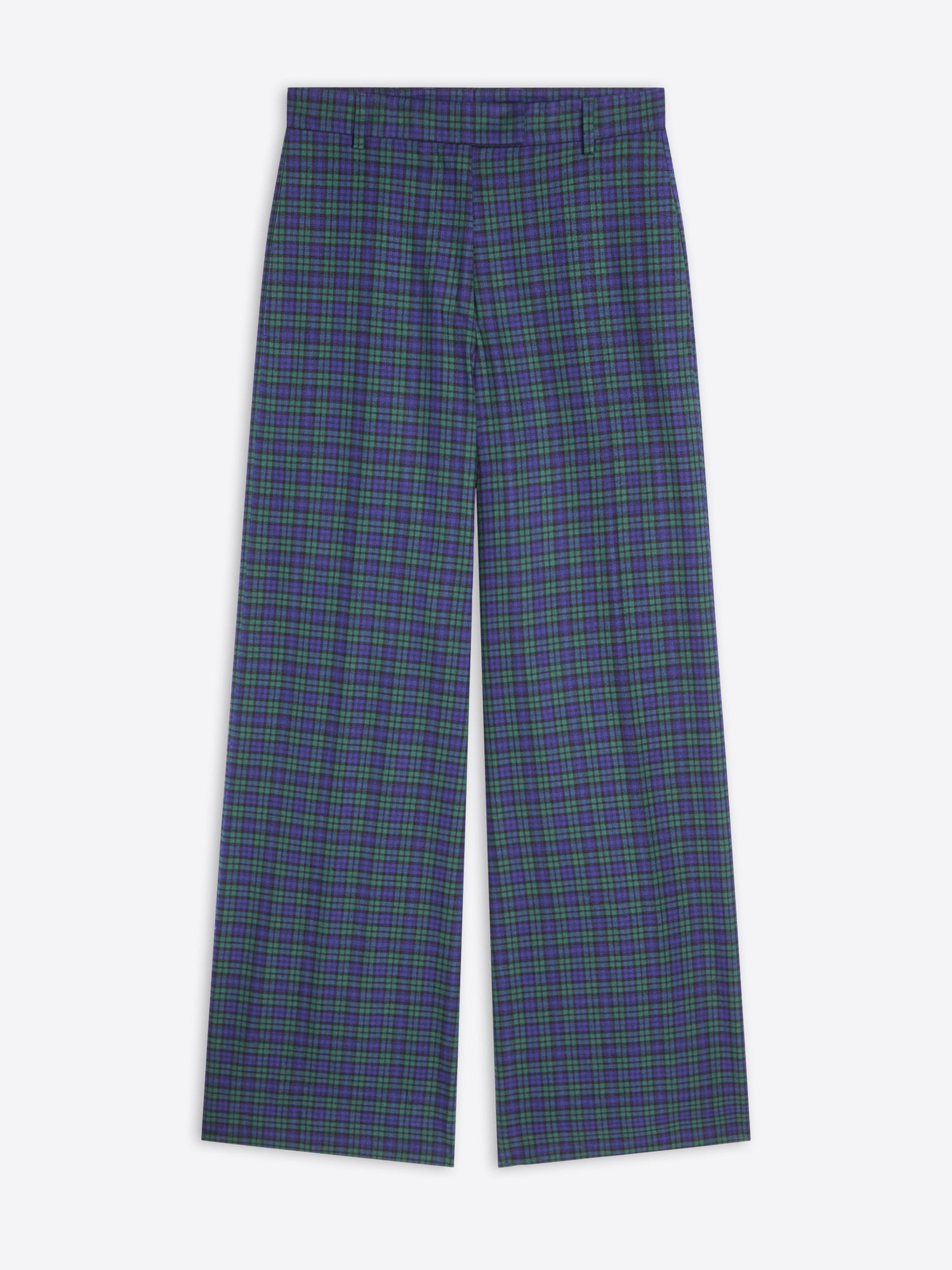 A pair of wide-leg pants featuring a blue and green plaid pattern, presented flat against a light gray background.