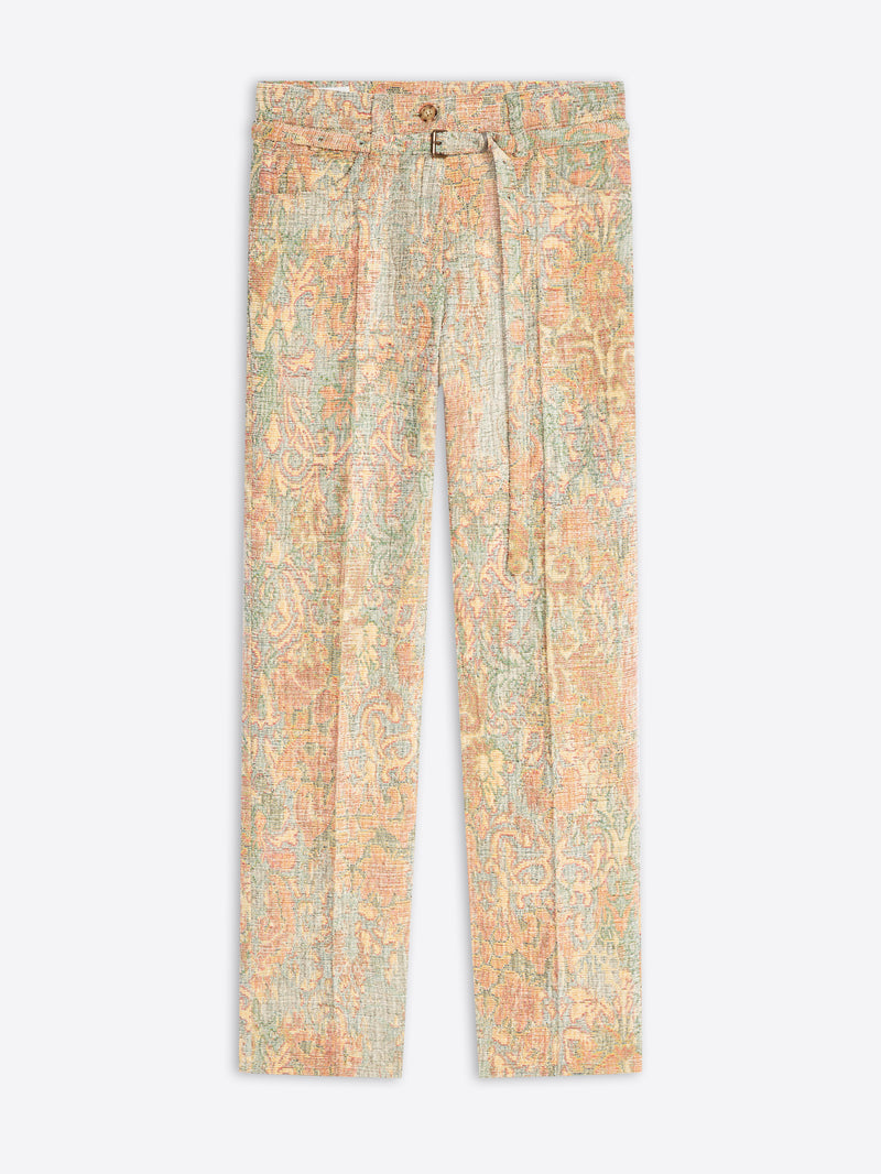 A pair of women's cropped trousers featuring a detailed paisley pattern in soft pastel tones of peach, beige, and sage green, shown flat against a light gray background.