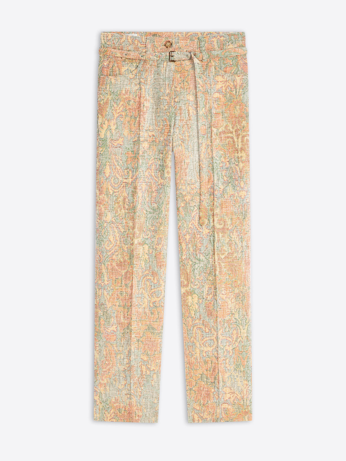 A pair of women's cropped trousers featuring a detailed paisley pattern in soft pastel tones of peach, beige, and sage green, shown flat against a light gray background.