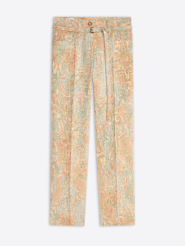 A pair of women's cropped trousers featuring a detailed paisley pattern in soft pastel tones of peach, beige, and sage green, shown flat against a light gray background.