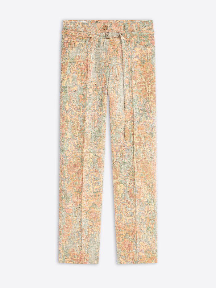 A pair of women's cropped trousers featuring a detailed paisley pattern in soft pastel tones of peach, beige, and sage green, shown flat against a light gray background.