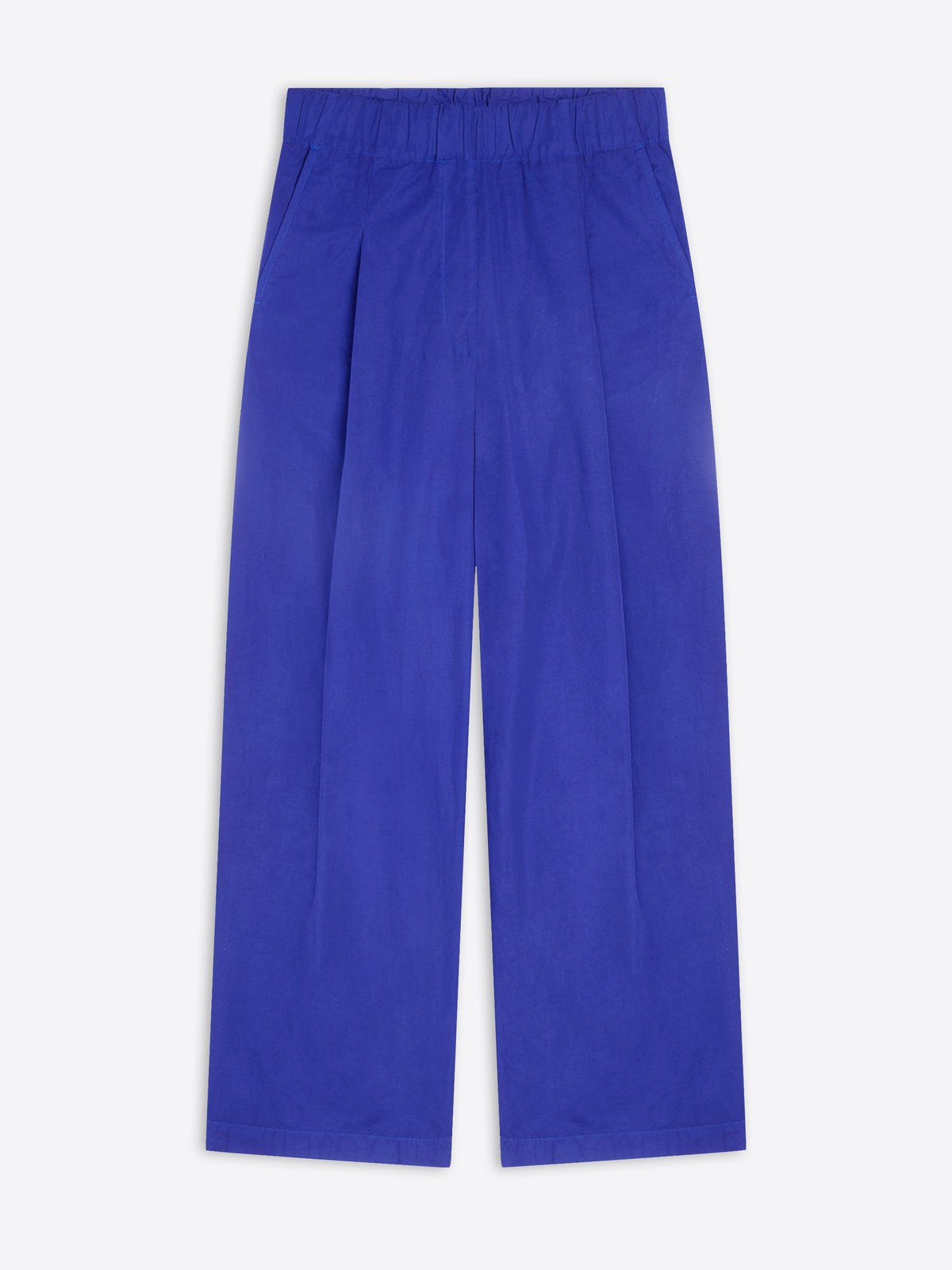 A pair of wide-leg trousers in a vibrant royal blue color, shown flat against a light gray background.