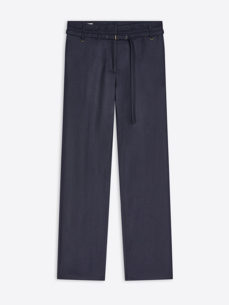 A pair of dark navy blue pants with a matching fabric drawstring belt, displayed flat against a light gray background.