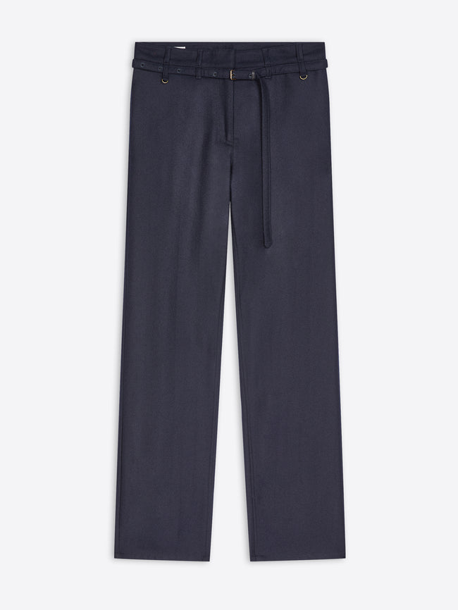 A pair of dark navy blue pants with a matching fabric drawstring belt, displayed flat against a light gray background.