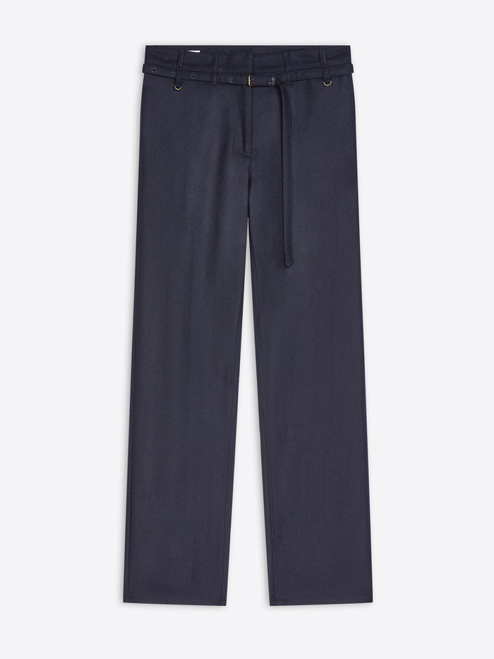 A pair of dark navy blue pants with a matching fabric drawstring belt, displayed flat against a light gray background.