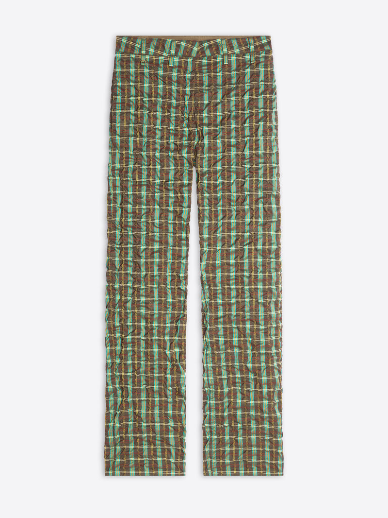A pair of pants featuring a green and brown plaid pattern, displayed flat against a light gray background.