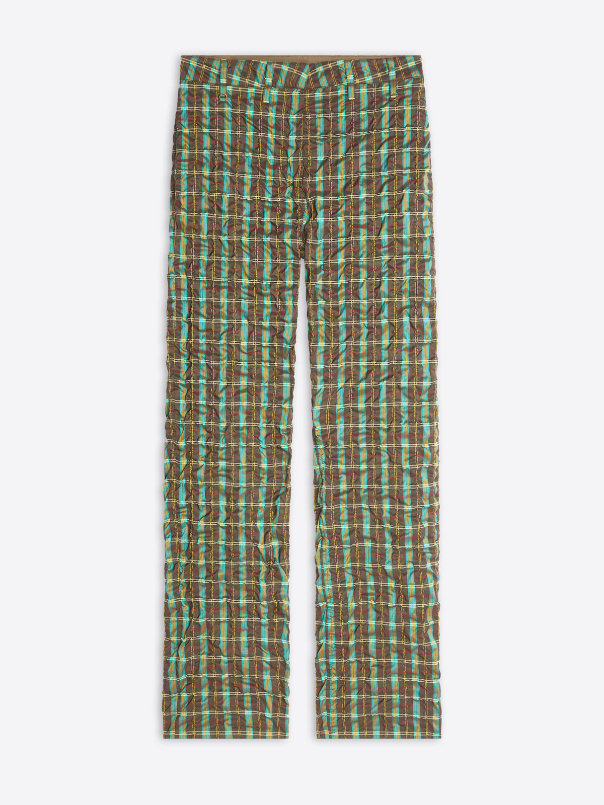 A pair of pants featuring a green and brown plaid pattern, displayed flat against a light gray background.